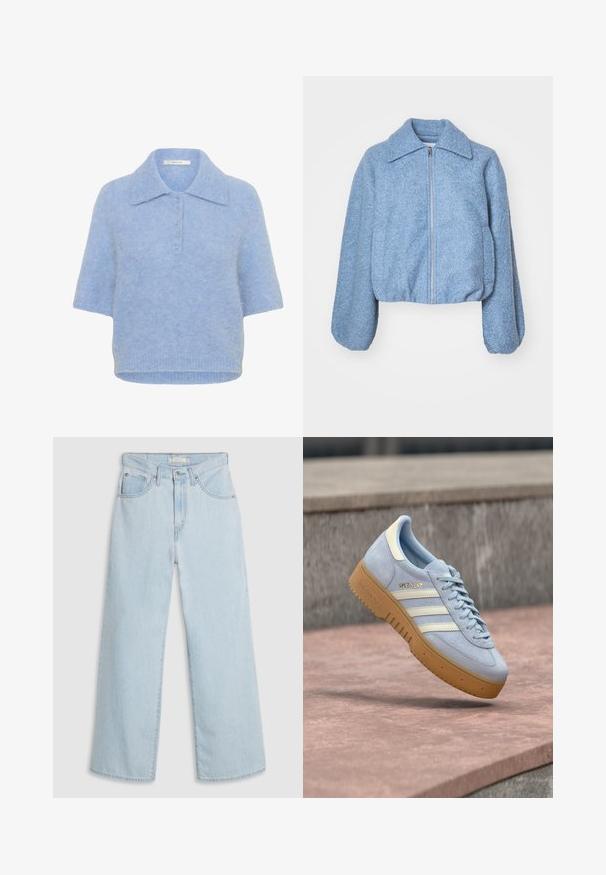 Veste courte bleue en tissu texturé, dotée d'une fermeture éclair à l'avant, de manches larges et d'un col classique.; T-shirt tricot à col, bleu clair et à manches courtes, avec une patte de boutonnage à cinq boutons. Texture douce avec une coupe légèrement carrée et un ourlet côtelé.; Jean large en denim bleu clair à taille haute, avec une fermeture à bouton et zip, deux poches avant et des détails de couture subtils.; Baskets en daim bleu clair avec des rayures blanches et un logo doré, dotées d'une semelle en caoutchouc naturel et d'un col rembourré pour le confort.