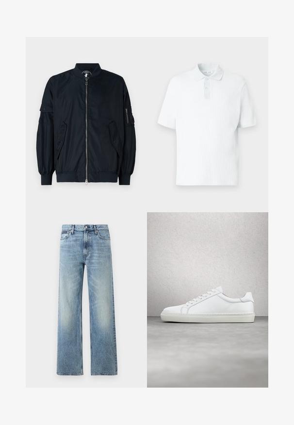 Veste bomber légère de couleur marine avec une fermeture éclair à l'avant, des poignets élastiques et deux poches latérales. Comprend une poche zippée sur la manche.; Polo bleu clair en tissu texturé. Présente un col court avec fermeture par boutons, des manches courtes et une coupe ample.; Jean droit en denim bleu clair avec taille haute, cinq poches, fermeture à boutons et léger délavage sur les cuisses et les genoux.; Sneaker blanche avec une tige en cuir lisse et un profil bas. Présente un bout arrondi, six œillets et une semelle en caoutchouc texturé.