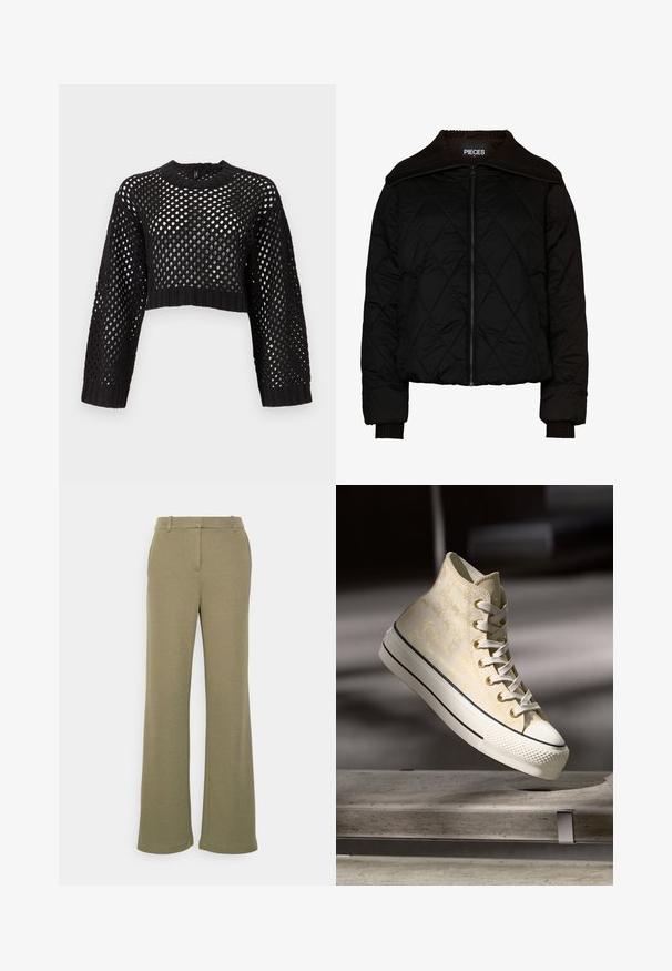 Veste bomber noire matelassée avec col et poignets côtelés, dotée d'une fermeture éclair. Tissu léger avec un motif en losanges. Taille M.; Pull noir court avec un design en maille ouverte, manches longues, poignets et ourlet côtelés, présentant un col rond et une surface texturée.; Vero Moda VMSUMIALBA WIDE PANT - Pantalon classique - capers; Baskets montantes avec un dessus texturé jaune clair, une protection en caoutchouc blanc à l'avant, et des rayures noires contrastantes sur la semelle blanche. Design à lacets.