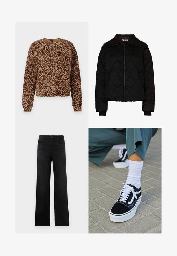 Veste bomber noire matelassée avec col et poignets côtelés, dotée d'une fermeture éclair. Tissu léger avec un motif en losanges. Taille M.; Sweatshirt à motif léopard dans des tons de marron et de noir. Fabriqué en tissu doux, il possède un col rond et des manches longues avec des poignets côtelés.; Jean en denim noir à jambe large avec un design classique à cinq poches, doté d'une fermeture à bouton et d'une texture subtile. Lignes épurées et embellissements minimalistes.; Baskets en suède noir avec des accents et des lacets blancs, présentant une épaisse semelle blanche et des coutures contrastantes, associées à une chaussette blanche.