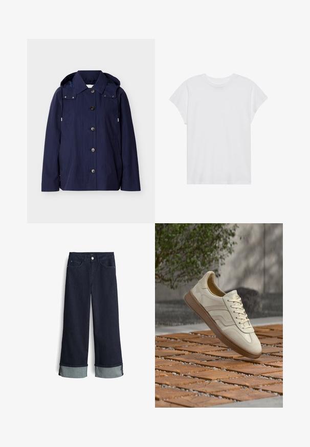 Marineblauw waterafstotend jack met knopen, kraag, capuchon met trekkoorden, lange mouwen en zijzakken tegen een effen achtergrond.; Witte t-shirt met korte mouwen, ronde hals, relaxte pasvorm, gemaakt van zacht katoen. Glad textuur, geen patronen of logo's.; Donkerblauwe denim wijdvallende jeans met een hoge taille, voorzien van opgerolde zoommanchetten in een lichter blauwe stof en een standaard vierzakkenontwerp.; Sneaker in roomkleur met een gestructureerde beige rubberen zool, vetersluiting en subtiele merkdetails aan de zijkant. Bovenwerk van glad leer.