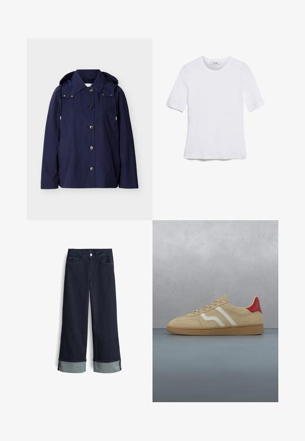 Marineblauw waterafstotend jack met knopen, kraag, capuchon met trekkoorden, lange mouwen en zijzakken tegen een effen achtergrond.; Witte korte mouwen t-shirt van ribstof. Ronde halslijn, normale pasvorm en subtiele stiksels. Geen patronen of grafische elementen.; Donkerblauwe denim wijdvallende jeans met een hoge taille, voorzien van opgerolde zoommanchetten in een lichter blauwe stof en een standaard vierzakkenontwerp.; Beige suède sneaker met een rood accent op de hiel, witte strepen en een getextureerde, lichtbruine rubberen zool. Heeft veters en een glad interieur.
