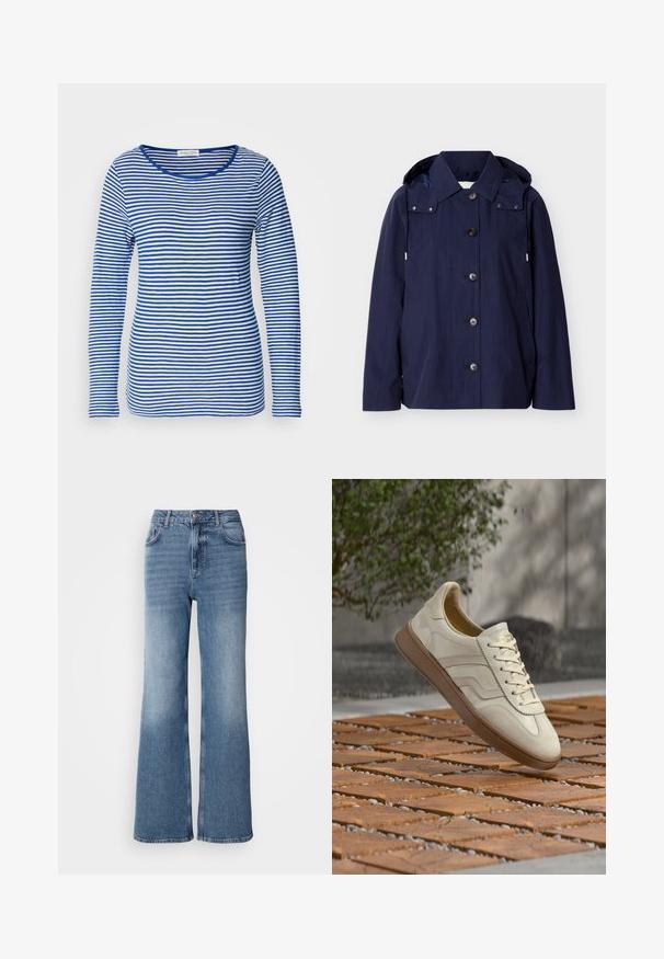 Chaqueta impermeable azul marino con botones, cuello, capucha con cordones, mangas largas y bolsillos laterales sobre un fondo liso.; Camisa de manga larga con escote redondeado, que presenta rayas horizontales alternadas en azul y blanco. Fabricada con un tejido suave y ligero.; Mos Mosh MAI - Vaqueros rectos - blue wash; Zapatilla de color crema con suela de goma beige texturizada, diseño con cordones y sutiles detalles de marca en el lateral. Parte superior de cuero liso.