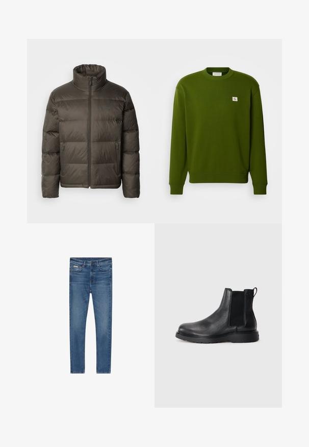 Mørk olivengrøn dunjakke med høj krave, lynlås foran og syede sektioner. Har sidelommer og et mærketag på brystet.; Grøn bomulds sweatshirts med rund hals, ribbede manchetter og kant. Har et lille broderet logo i den øverste venstre hjørne.; Blå denim jeans med en tætsiddende pasform, fem lommer, knap lukning og subtil falmning på lårene og knæene.; Sorte læder chelsea støvler med tekstureret finish, elastiske sidepaneler og en robust gummisål. Subtil branding på hælen.