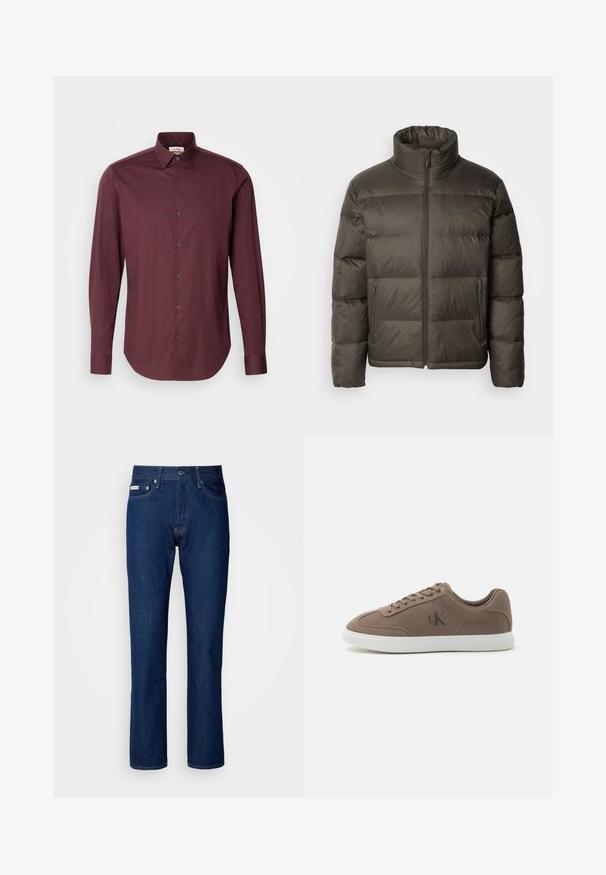 Mørk olivengrøn dunjakke med høj krave, lynlås foran og syede sektioner. Har sidelommer og et mærketag på brystet.; Calvin Klein SLIM - Skjorter - bordeaux; Mørkeblå denim jeans med lige ben sammen design, der har lynlås og knaplukning, fem lommer og subtile stikninger.; Taupe ruskind lavtop sneaker med beige snørebånd, hvid gummisål og subtil "cK" logo på siden.