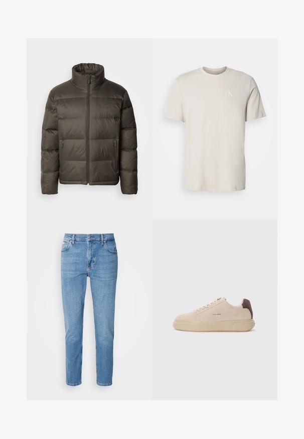 Chaqueta de abrigo de color verde oliva oscuro, con un alto cuello, cierre de cremallera en el frente y secciones cosidas. Presenta bolsillos laterales y una etiqueta de marca en el pecho.; Camiseta beige de algodón con cuello redondo y mangas cortas, con pequeño logo blanco "cK" en el lado izquierdo del pecho.; Vaqueros de mezclilla azul claro con corte recto, diseño de cinco bolsillos y un sutil desgastado. Presentan un cierre de botón y pasadores para cinturón.; Zapatilla de ante beige con punta redondeada, cordones en la parte frontal y un acento de ante marrón en el talón. Cuenta con una suela de goma texturizada.