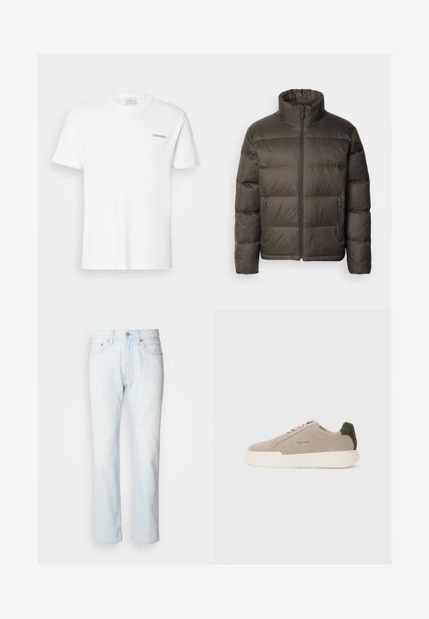 Chaqueta de abrigo de color verde oliva oscuro, con un alto cuello, cierre de cremallera en el frente y secciones cosidas. Presenta bolsillos laterales y una etiqueta de marca en el pecho.; Camiseta de algodón blanca con mangas cortas y un escote en forma de cuello redondo. Presenta un pequeño logotipo negro de "Calvin Klein" en el lado izquierdo del pecho.; Jeans de mezclilla azul claro con corte recto. Cuentan con un cierre de botón y pasadores para cinturón, mostrando una textura desgastada y costuras mínimas.; Zapatillas de piel de ante beige con suela de goma blanca, que presentan un acento en el talón de color verde oscuro y un sutil logo en el lateral.
