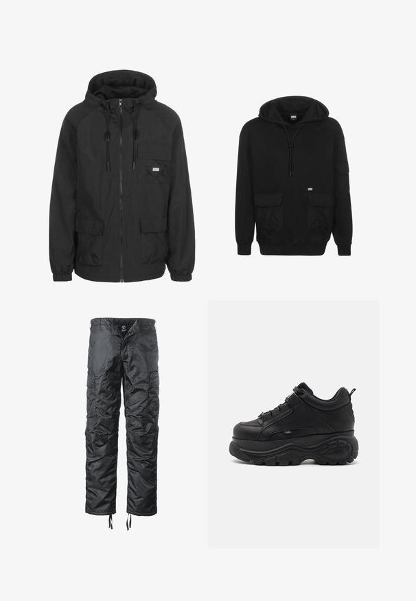 Schwarze Kapuzenjacke aus leichtem Material, mit einem Vorderreißverschluss, verstellbarem Kordelzug und einer Brusttasche mit Logodetail.; Schwarzer Kapuzenpulli aus weichem Stoff, mit einer Kordelzugkapuze, Fronttaschen und einem Logo-Patch auf der linken Brustseite.; Schwarze isolierte Cargo-Hosen mit glatter Oberfläche, mehreren Seitentaschen, verstellbaren Kordeln am Saum und verstärkten Nähten.; Schwarze Leder-Chucksneaker mit dicker Gummisohle, schlankem Design und strukturierten Akzenten. Verfügt über Schnürsenkel und eine Zuglasche an der Ferse.
