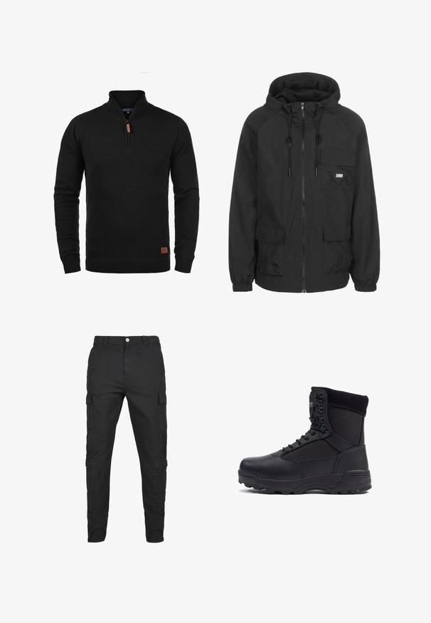 Veste à capuche noire fabriquée en tissu léger, dotée d'une fermeture éclair sur le devant, d'un cordon de serrage ajustable et d'une poche poitrine avec détail du logo.; Pull en tricot noir avec un col zippé mi-hauteur, des poignets côtelés et un ourlet côtelé. Présente une étiquette d'accent en cuir marron sur le bas à gauche.; Pantalons cargo noirs en tissu durable. Comprend plusieurs poches latérales, une fermeture à bouton et un design de jambe fuselée. Devant plat, sans motifs.; Botte tactique noire avec une tige en cuir lisse et des panneaux en tissu, design montante, fermeture à lacets à l'avant et semelle en caoutchouc robuste.