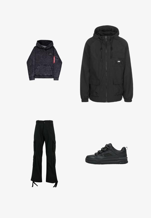 Sort hættejakke lavet af letvægtsstof, med frontlynlås, justerbar snor og en brystlomme med logodetalje.; Sort melange hoodie med kængurulomme, justerbar snor i hætten, logo-patch på brystet og sidelomme med rødt mærke.; Sorte cargo bukser lavet af holdbart stof har flere sidelommer, et lige ben-design og snøringer i bunden for justerbar pasform.; Sort lavtop sneaker med tyk sål, polstret krave, mesh paneler og chunky snørebånd vist mod en hvid baggrund.