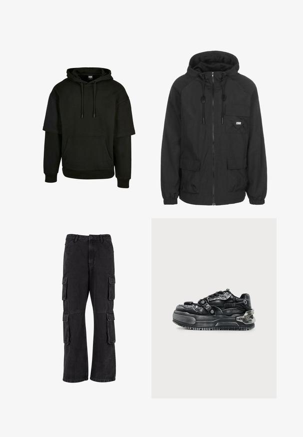 Schwarze Kapuzenjacke aus leichtem Material, mit einem Vorderreißverschluss, verstellbarem Kordelzug und einer Brusttasche mit Logodetail.; Schwarzer Hoodie mit Kängurutasche, verstellbarem Kapuzenzug und kurzen Ärmeln mit verlängerten Designelementen. Aus weichem, strukturiertem Stoff gefertigt.; Schwarze Cargo-Hosen aus Denim, mit lockerer Passform, mehreren Seitentaschen und genähten Details. Die Textur ist leicht verblasst.; Schwarzer klobiger Sneaker mit dicker Sohle, Schnürdesign, strukturierten Riemen und Metallakzenten an Ferse und Seiten vor hellem Hintergrund.