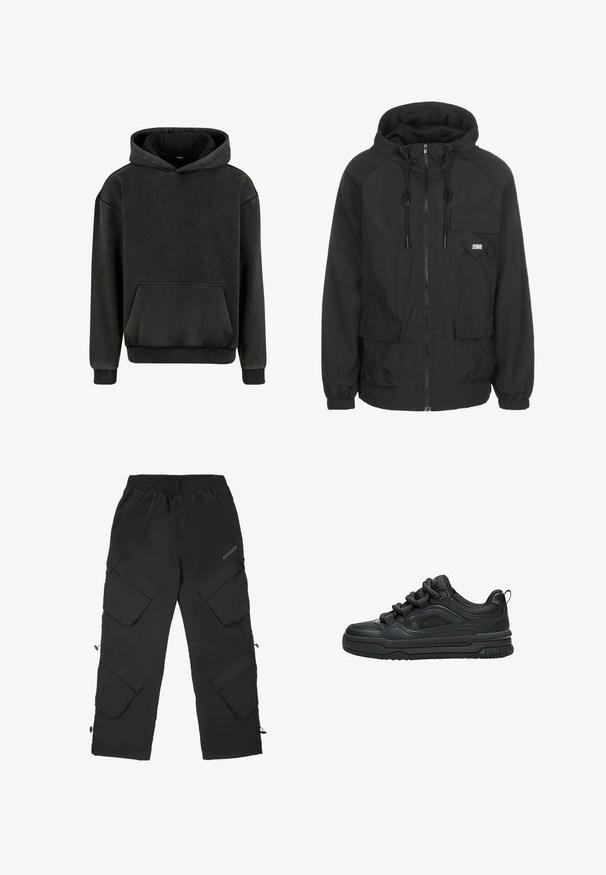 Schwarze Kapuzenjacke aus leichtem Material, mit einem Vorderreißverschluss, verstellbarem Kordelzug und einer Brusttasche mit Logodetail.; Urban Classics Kapuzenpullover - magnet; Schwarze Cargo-Hosen aus leichtem, strukturiertem Material. Verfügen über einen elastischen Bund, mehrere große Taschen und verstellbare Bündchen.; Schwarzer Low-Top-Sneaker mit dicker Sohle, gepolstertem Kragen, Mesh-Einsätzen und kräftigen Schnürsenkeln, dargestellt vor weißem Hintergrund.