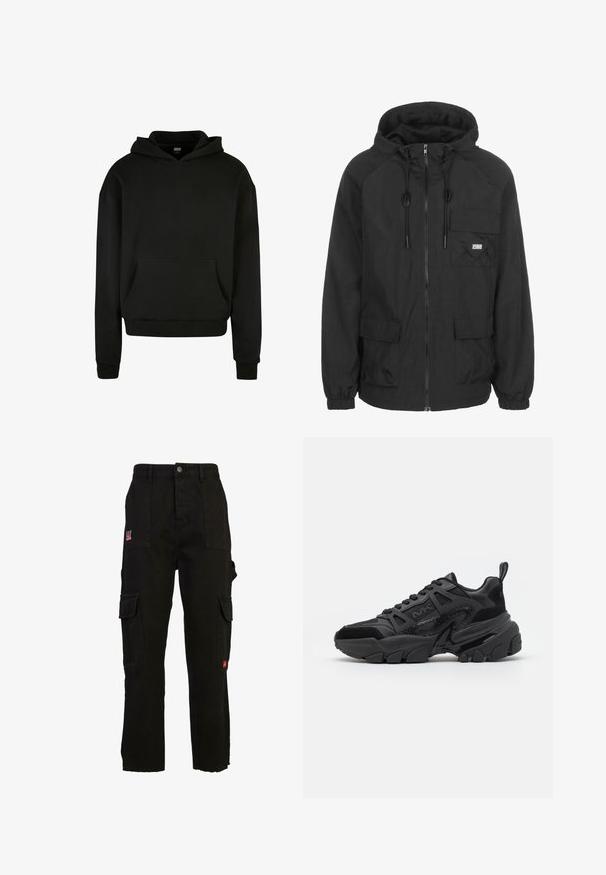 Veste à capuche noire fabriquée en tissu léger, dotée d'une fermeture éclair sur le devant, d'un cordon de serrage ajustable et d'une poche poitrine avec détail du logo.; Sweatshirt à capuche noir fabriqué en tissu doux, avec une poche avant, des poignets côtelés et une coupe décontractée.; Pantalons cargo noirs en coton, avec plusieurs poches latérales, une coupe décontractée et un ourlet effiloché. Accent logo rouge sur la poche avant.; Baskets noires présentant un mélange de matériaux lisses et texturés, une semelle épaisse, un design à lacets et des accents latéraux distincts.