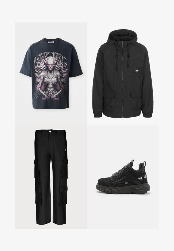 Chaqueta con capucha negra, hecha de tela ligera, con cierre frontal, cordón ajustable y un bolsillo en el pecho con detalle del logotipo.; Camiseta gráfica negra de algodón, con un gran diseño en rosa y blanco de una figura humanoide con detalles intrincados y el texto "VERTERE."; Pantalones cargo negros con un corte holgado, múltiples bolsillos laterales, cierre de botón y una textura de tela suave.; Zapatillas negras con suela gruesa, parte superior de malla y ante, diseño de cordones y acentos de logo. Detalles texturizados en los lados y la parte posterior.