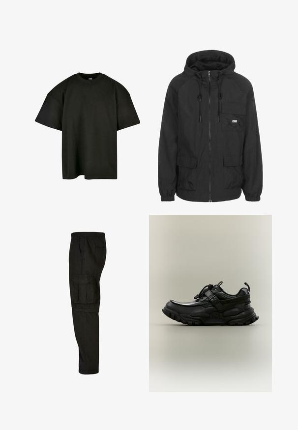 Chaqueta con capucha negra, hecha de tela ligera, con cierre frontal, cordón ajustable y un bolsillo en el pecho con detalle del logotipo.; Camiseta negra de corte oversized en suave algodón. Presenta un cuello redondo y mangas cortas, con una textura suave y un diseño minimalista.; Pantalones cargo negros con un corte relajado, cintura elástica, bolsillos laterales y un gran bolsillo cargo en el muslo. Tejido suave y ligero.; Zapatilla deportiva negra, voluminosa, con correa ajustable, cierre de cordones y suela resistente, mostrada de perfil sobre fondo neutro.