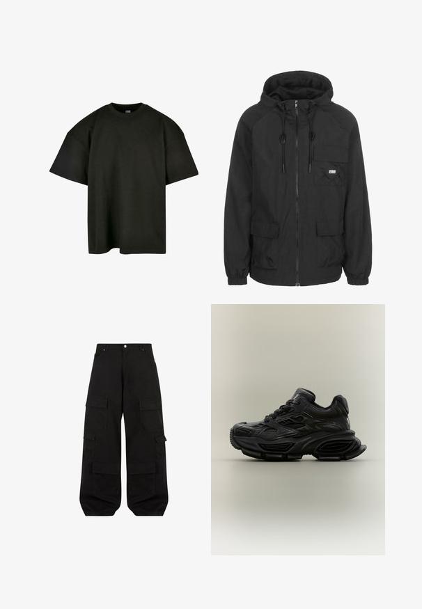 Sort hættejakke lavet af letvægtsstof, med frontlynlås, justerbar snor og en brystlomme med logodetalje.; Sort oversized t-shirt i blød bomuld. Har en rund crew neckline og korte ærmer, med en glat tekstur og minimalistisk design.; Sorte cargo bukser lavet af slidstærkt bomuld med en afslappet pasform. Har flere nyttige lommer og et lige ben design.; Sort chunky sneaker med tekstureret design, tyk sål og snørelukning vist mod en almindelig neutral baggrund.