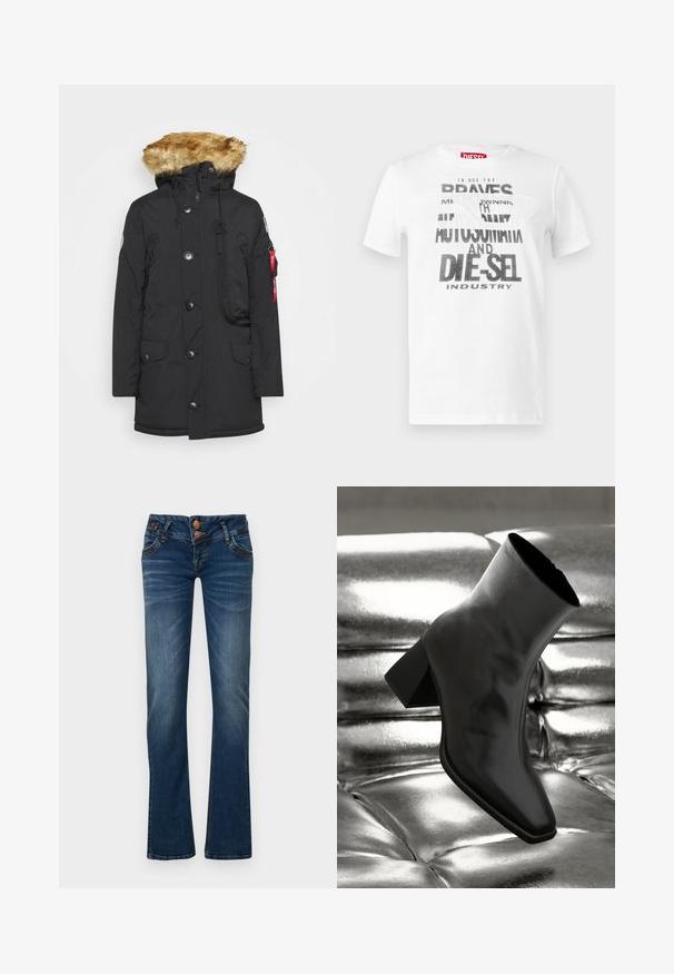 Schwarze Parka mit Kunstfellkapuze, Druckknöpfen, Vordertaschen und verstellbarem Kordelzug in der Taille. Verfügt über eine seitliche Reißverschlusstasche mit rotem Etikett.; Weißes Baumwoll-T-Shirt mit schwarzem, fett gedrucktem Text mit den Worten "DIE-SEL" und "AUTOMAT". Rundhalsausschnitt und kurze Ärmel. Glatte Textur.; Dunkelblaue Bootcut-Jeans mit zwei vorderen Knöpfen, fünf Taschen und feinem Verblassen an Oberschenkeln und Knien.; Schwarzer Knöchelstiefel aus glänzendem Material mit quadratischer Zehenform und verjüngtem Absatz, vor einem glänzenden silbernen gepolsterten Hintergrund.