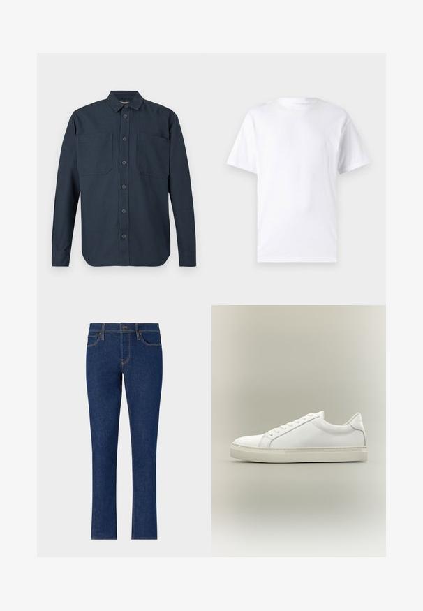 Camisa abotonada de manga larga de color azul marino oscuro con dos grandes bolsillos en el pecho y un cuello clásico, mostrada sobre un fondo blanco.; Camiseta blanca de manga corta hecha de algodón con cuello redondo, que presenta una textura suave y un diseño simple sin patrones ni acentos.; Jeans de mezclilla azul oscuro con un diseño de pierna recta, que cuentan con costuras sutiles, cinco bolsillos y un cierre de botón en la cintura.; Zapatilla blanca de perfil bajo con cordones en la parte delantera y suela gruesa, mostrada de lado sobre un fondo neutro.
