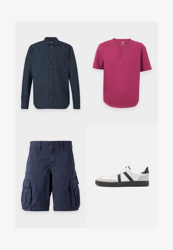 Langærmet mørkeblå skjorte med knapper og to store brystlommer samt klassisk krave, vist mod en hvid baggrund.; Kortærmet henley-skjorte i en livlig magenta farve. Har en rund hals, tre-knaps stolpe og en let buet kant. Blød tekstur.; Mørkeblå cargo shorts lavet af bomuld. Har flere sidelommer, knappelukning og en afslappet pasform. Glat tekstur og holdbart design.; Hvide sneakers med sorte og grå detaljer, med en tekstureret grå tåhætte, sort gummisål og flade hvide snørebånd. Rent design, minimalistisk stil.