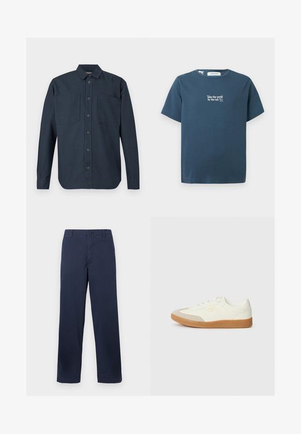 Chemise boutonnée à manches longues, de couleur bleu marine foncé, avec deux grandes poches poitrine et un col classique, présentée sur un fond blanc.; T-shirt bleu à manches courtes avec col rond, arborant un texte blanc centré : "Prenez le monde par la queue." et un petit logo circulaire.; Pantalons en coton bleu marine avec une coupe droite, présentant une fermeture à bouton à l'avant, des passants de ceinture et une texture lisse.; Baskets en cuir blanc avec une coque beige et une semelle en caoutchouc marron clair. Dotées de lacets blancs plats et d'un logo embossé sur le côté.