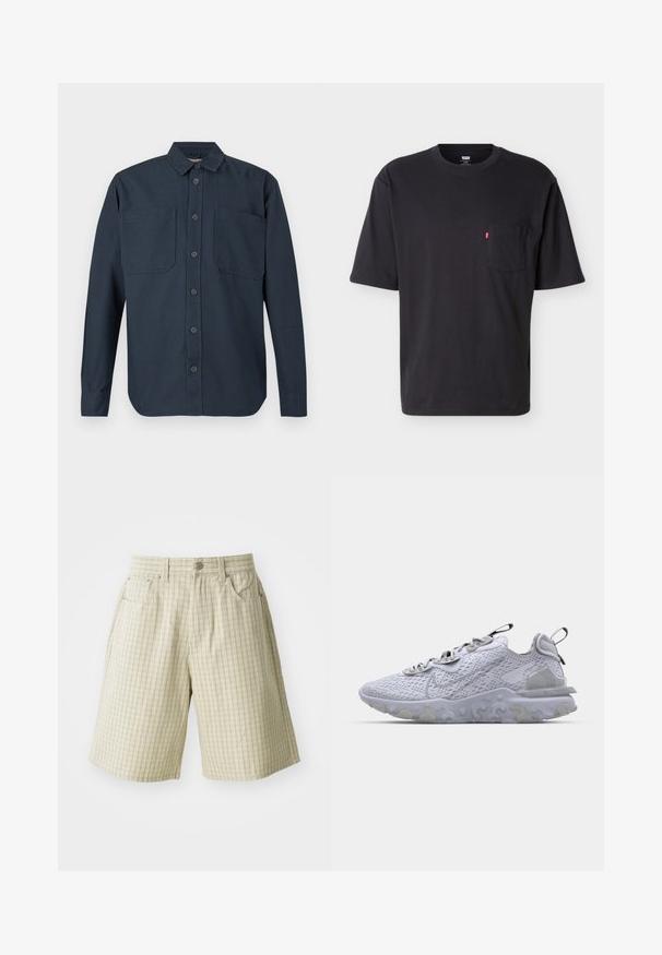 Dunkelblaues, langärmeliges Hemd mit Knopfleiste, zwei großen Brusttaschen und klassischem Kragen, vor weißem Hintergrund dargestellt.; Schwarzes T-Shirt mit kurzem Arm, Rundhalsausschnitt und Brusttasche mit kleinem rotem Levi's-Logo-Tab an der Tasche vor einfachem hellem Hintergrund.; Beige karierte Shorts aus leichtem Stoff, ausgestattet mit zwei Seitentaschen, einem Knopfverschluss und einem entspannten Schnitt.; Hellgrauer Turnschuh mit einem atmungsaktiven Mesh-Obermaterial, strukturiertem Gummisohle und reflektierenden Akzenten. Verfügt über einen gepolsterten Kragen und ein Schnürdesign.