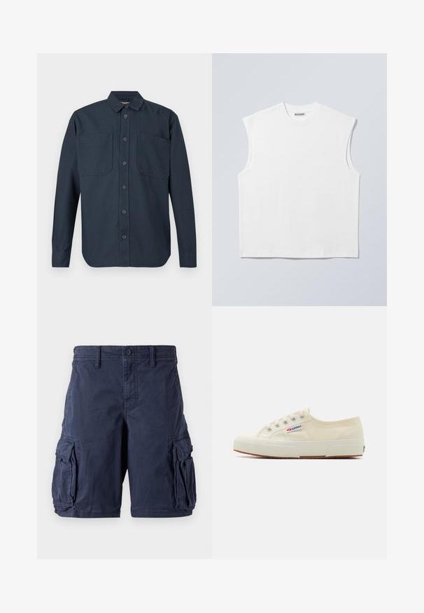 Chemise boutonnée à manches longues, de couleur bleu marine foncé, avec deux grandes poches poitrine et un col classique, présentée sur un fond blanc.; Haut blanc sans manches en coton à col rond avec épaules structurées, marqué "WEEKDAY" sur l'étiquette du col, présenté sur un fond gris clair.; Shorts cargo bleu marine en coton. Ils disposent de plusieurs poches latérales, d'une fermeture à bouton et d'une coupe décontractée. Texture lisse et design durable.; Baskets en toile beige au design épuré, œillets en métal et semelle en caoutchouc. Présente un motif texturé et un détail de logo sur le côté.