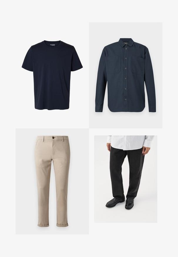 Dunkelblaues, langärmeliges Hemd mit Knopfleiste, zwei großen Brusttaschen und klassischem Kragen, vor weißem Hintergrund dargestellt.; Schlichtes marineblaues T-Shirt mit kurzen Ärmeln und Rundhalsausschnitt mit kleinem gedrucktem Markenlabel innen am Kragen.; Jack & Jones JPSTMARCO FURY NOOS - Chino - atmosphere; Schwarze Jeans kombiniert mit glänzenden schwarzen Slippern. Das Hemd ist weiß mit dünnen vertikalen Streifen, hat lange Ärmel und einen geknöpften Kragen.