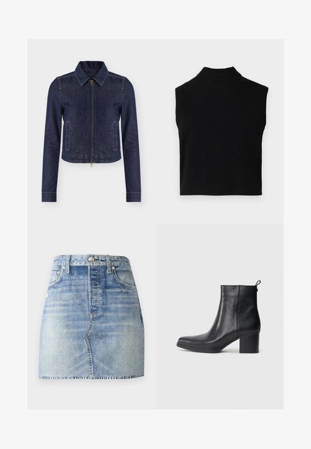 Mørkeblå denimjakke med lange ærmer, lynlås foran, to lodrette forlommer og en opslået krave på en ensfarvet baggrund.; Sort ærmeløs turtleneck-top med en tætsiddende pasform, lavet af blødt stof, med en ribbet halsudskæring og en glat overflade.; Denimnederdel i lyseblå vask, med høj talje og tætsiddende design, frynset kant og klassisk fem-lomme-stil. Søjlehardware i sølv.; Sort læder ankelstøvle med firkantet tå, slank blokhæl og bageste løkke for nem påtagning. Glat tekstur og minimalistisk design.