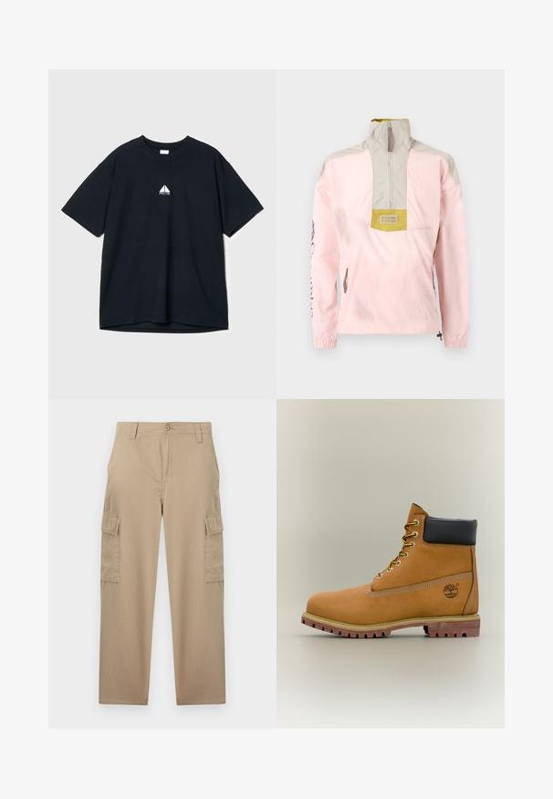 Veste-pull rose clair et beige avec fermeture éclair frontale sur moitié, col montant, poches latérales zippées, et logo Columbia sur le panneau de la poitrine.; T-shirt en coton noir avec un col rond, des manches courtes et un petit logo graphique blanc sur la poitrine. Texture douce, coupe décontractée.; Pantalon cargo beige à jambes droites avec fermeture à boutons, passants pour ceinture, poches avant et poches à rabat sur les deux cuisses.; Bottine en cuir marron avec col noir, lacets jaunes et semelle beige. Présente un logo et des détails de couture blanche. Semelle extérieure à traction robuste.