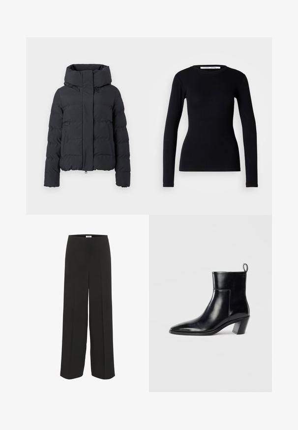 Veste d'hiver noire rembourrée avec col haut, fermeture éclair avant dissimulée par un rabat et poches latérales, présentée sur fond blanc.; Haut noir à manches longues en tissu côtelé. Doté d'un col rond et d'une coupe ajustée. Sans motifs ni ornements. Design simple.; Pantalon noir à jambes larges, taille haute avec des détails subtils de plis, conçu pour une coupe décontractée et élégante.; Bottine en cuir noir avec un bout pointu, un talon empilé géométrique et une languette à l'arrière. Texture lisse et design épuré.