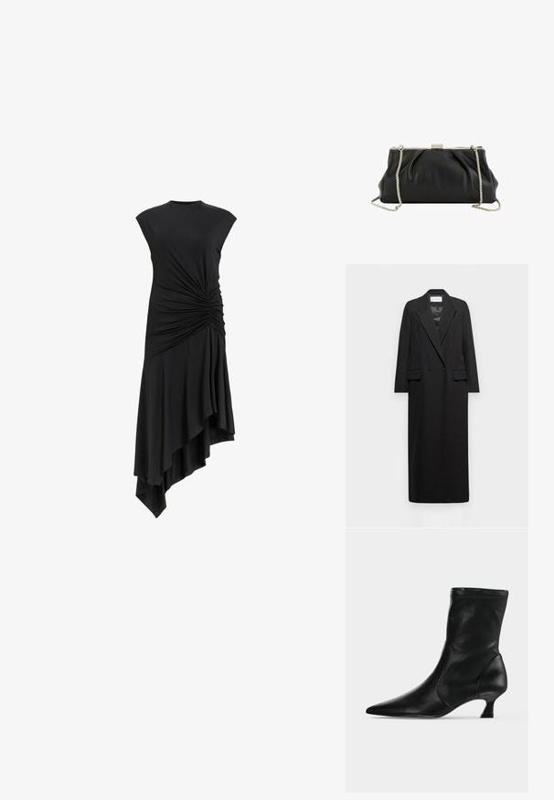Langer schwarzer Doppelreihiger Mantel mit Reverskragen, zwei vorderen Pattentaschen und langen Ärmeln, hängend vor weißem Hintergrund.; Schwarzes ärmelloses Kleid mit gerafften Details an der Seite, ausgestattet mit einem asymmetrischen Saum, der elegant fällt. Weiche Stofftextur.; Schwarzer Leder-Stiefel bis zur Mitte der Wade mit spitzer Schuhspitze und niedrigem Kittenabsatz, seitlich auf hellem einfarbigem Hintergrund gezeigt.; Schwarze weiche Lederclutch mit silbernem Metallrahmen und abnehmbarem silbernem Kettenriemen auf weißem Hintergrund.