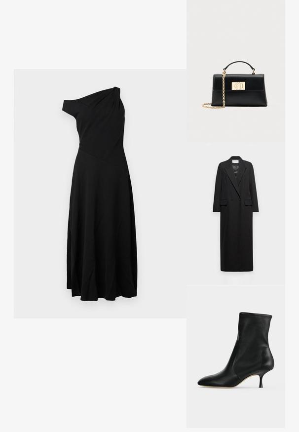 Abrigo largo negro de doble botonadura con cuello de solapa, dos bolsillos delanteros con solapa y mangas largas, colgado sobre un fondo blanco.; Vestido negro de un solo hombro hecho de tela ligera. Presenta un corsé ajustado y una falda acampanada con suaves pliegues. Diseño sencillo, sin adornos.; Botín negro de cuero con puntera puntiaguda y tacón medio y delgado, mostrado de perfil sobre un fondo claro.; Bolso de mano de cuero negro con una forma estructurada, que cuenta con un asa superior y una correa de cadena en tono dorado. Herrajes decorativos dorados con detalle de logo.