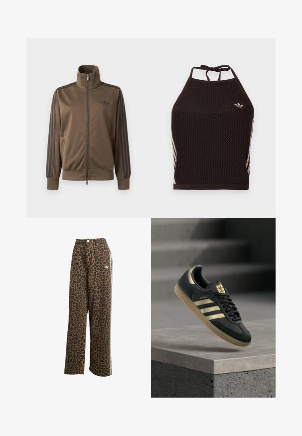 Brun løbejakke med lynlås, høj krave, mørke tre-stribe detaljer på ærmerne og Adidas-logo på venstre bryst.; Sort mesh halter crop top med tekstureret design. Har pink accentstriber og en lille logo foran. Lukning med bånd bagpå.; Leopardprint vide bukser i brun med sorte pletter, med høj talje og hvide sideløsninger, lavet af bomuldsstof.; Sort Adidas Samba-sneaker med gulstriber og gummisål, der svæver over en betongflade med slørede trapper i baggrunden.