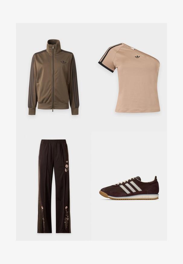 Veste de survêtement marron zippée avec col montant, détails sombres à trois bandes sur les manches et logo Adidas sur la poitrine gauche.; Top de sport beige asymétrique avec des rayures noires sur la manche courte et un petit logo Adidas noir sur la poitrine.; Pantalon de survêtement marron foncé avec des bandes latérales et des motifs floraux roses près de la hanche et des jambes inférieures, doté d'une ceinture élastique et de poches zippées.; Sneaker bas de profil en bordeaux sombre d'Adidas avec des rayures blanches, des lacets crème et une semelle en caoutchouc, vue de côté sur fond uni.