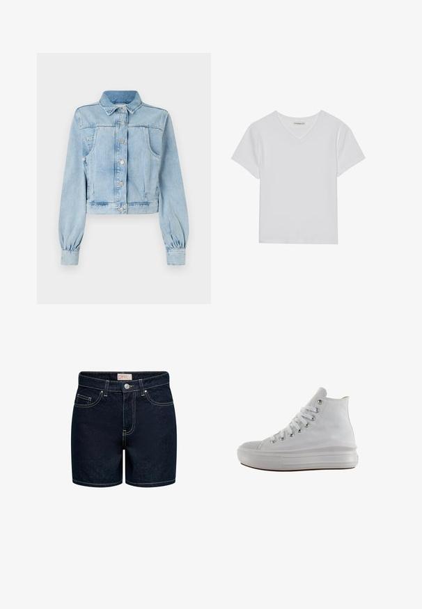 Lyseblå, cropped denimjakke med knaplukning foran, krave, to brystlommer og samlede ærmer. Blød tekstur og klassisk design.; Hvid kortærmet V-hals t-shirt lavet af ribbet stof. Har et rent design med en lige kant og minimal detaljer.; Mørkeblå denimshorts med en tætsiddende pasform, fem lommer, gyldne syninger og lukning med knap foran. Materialet har en glat tekstur.; Hvid højt canvas sneaksko med hvide snørebånd, metaløjer, tyk gummisål og tekstureret tåhætte, vendt mod venstre på en hvid baggrund.