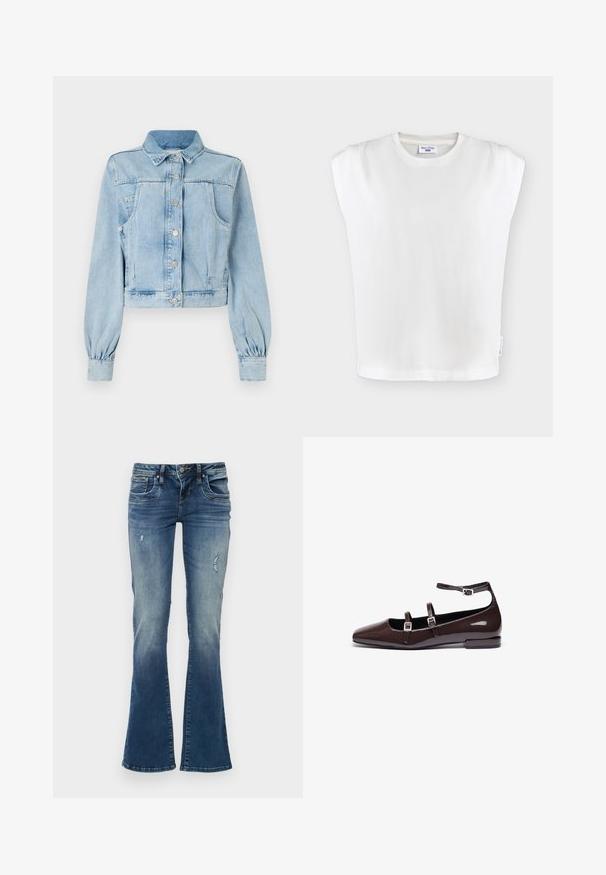 Lyseblå, cropped denimjakke med knaplukning foran, krave, to brystlommer og samlede ærmer. Blød tekstur og klassisk design.; Hvid ærmeløs top med polstrede skuldre, rund halsudskæring og et lille mærke på venstre sidesøm.; Denim jeans med flair i mellemblå med udskudte områder og slidte detaljer. Har fem lommer og lynlås med knaplukning.; Brune patentlæder flade sko med spids tå, der har to justerbare stropper og sølvspænder samt en lav, firkantet hæl.