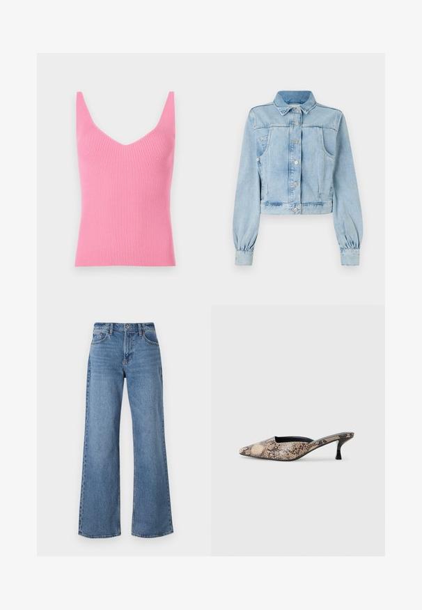 Helle blaue, taillierte Jeansjacke mit Knopfverschluss, Kragen, zwei Brusttaschen und gerafften Ärmeln. Weicher Stoff und klassisches Design.; Figurbetontes, pinkes, geripptes Tanktop mit tiefem V-Ausschnitt, breiten Schulterträgern und glatter Textur. Eignet sich sowohl zum Schichten als auch zum alleinigen Tragen.; Helle blaue weite Jeans aus Denim mit hoher Taille, Gürtelschlaufen und Knopfverschluss. Die Fertigstellung umfasst Nähte und Saumdetails.; Mules im Schlangenlederdruck mit spitzem Zehenbereich, niedrigem schwarzen Absatz und offener Rückseite. Hergestellt aus synthetischem Material.