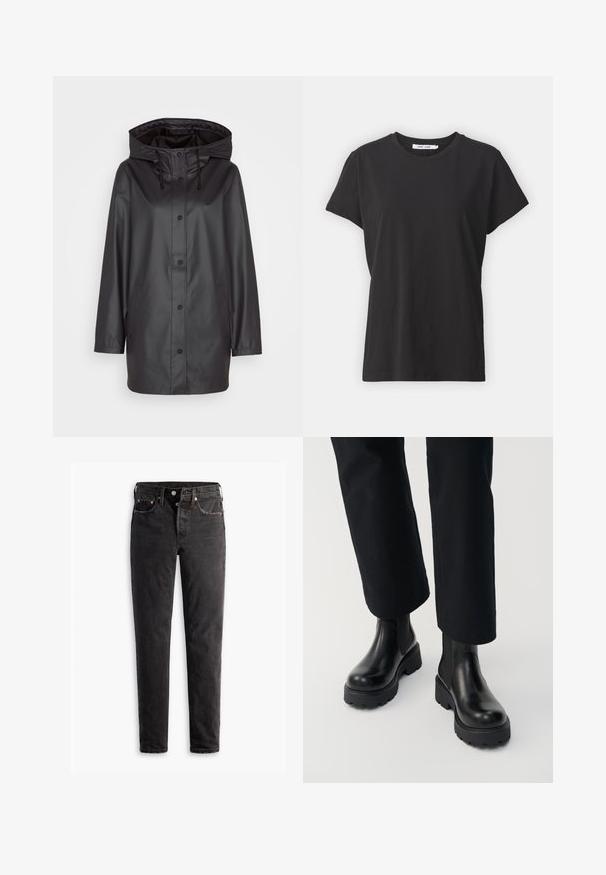 Impermeable negro con capucha, botones a presión, bolsillos delanteros y una textura suave y brillante. Diseñado para proteger contra las inclemencias del tiempo.; Camiseta de algodón negra con cuello redondo clásico, mangas cortas y un ajuste relajado. Textura suave, sin patrones ni acentos visibles.; Jeans de denim negro con corte recto, que cuentan con cinco bolsillos, herrajes de cobre y una textura ligeramente deslavada.; Persona que lleva botas de tacón grueso de cuero negro combinadas con pantalones negros de pierna recta sobre un fondo blanco.