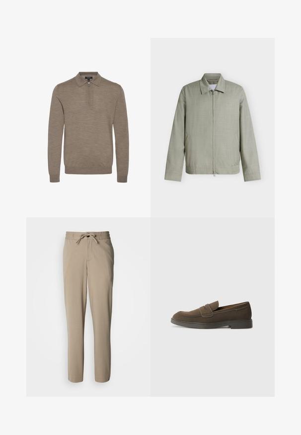 Lysegrå lynlåstrøje med krave, lange ærmer og sidelommer, vist på en ensfarvet hvid baggrund.; Lysebrunt pullover med lynlåskrave, lange ærmer og en blød struktur, lavet af fint strikket materiale.; Beige bukser lavet af et blødt stof, med snøre i taljen og en afslappet pasform, med lige ben og ingen synlige lommer.; Brune ruskinds loafers med en rund tå, en rem over forfoden og en flad gummisål. Enkel design med rene linjer og minimal dekoration.