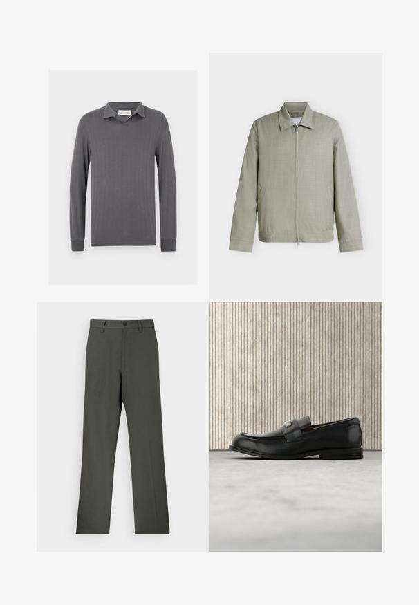 Veste gris clair zippée avec col, manches longues et poches latérales, présentée sur un fond blanc uni.; Polo gris à manches longues avec texture côtelée verticale, col cranté et patte de boutonnage sans boutons. Tissu doux avec manches ajustées.; Pantalon gris foncé en tissu lisse, avec une coupe droite, fermeture à bouton et passants de ceinture. Pas de motifs ni d'accents visibles.; Mocassin en cuir noir avec une plaque de marque en métal reposant près d'une table ronde marron sur un sol recouvert de moquette beige.