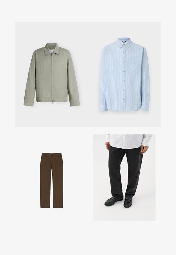 Lysegrå lynlåstrøje med krave, lange ærmer og sidelommer, vist på en ensfarvet hvid baggrund.; Lyseblå langærmet skjorte med knapper, hvide, blå og beige lodrette striber, knappet krave, brystlomme og beige knapper.; Brune, lige ben bukser lavet af tekstureret stof. Har en frontknap lukning og bæltestropper. Ingen synlige lommer eller mønstre.; Sorte denimbukser parret med skinnende sorte loafers. Skjorten er hvid med tynde lodrette striber, har lange ærmer og en knapkrave.