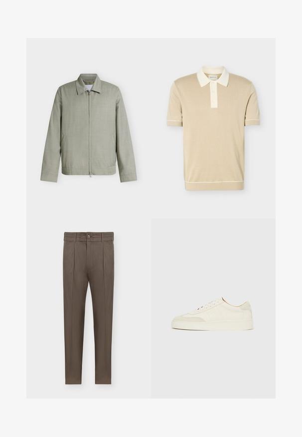 Veste gris clair zippée avec col, manches longues et poches latérales, présentée sur un fond blanc uni.; Polo beige à manches courtes avec col blanc, patte de boutonnage à trois boutons, et poignets ainsi que bord inférieur côtelés avec une discrète bordure blanche.; Pantalon marron pour homme, coupe fuselée, avec plis, passants pour ceinture, fermeture à boutons et poches latérales sur fond blanc.; Baskets en daim blanc à finition lisse, embout rond, design lacé plat, avec des accents texturés contrastants. Comprend un détail de logo subtil.