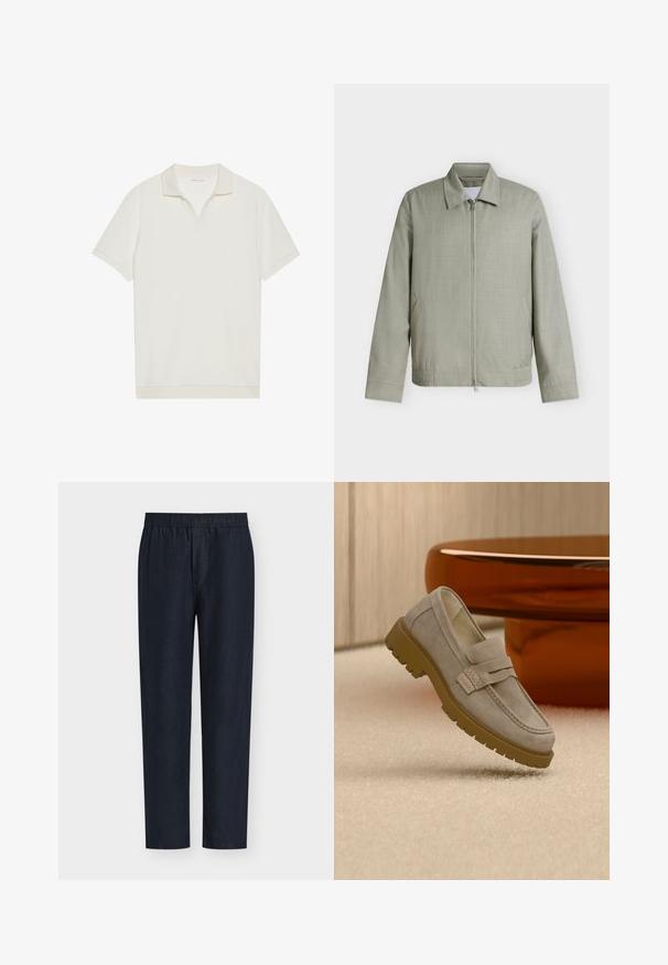 Veste gris clair zippée avec col, manches longues et poches latérales, présentée sur un fond blanc uni.; Polo blanc à manches courtes avec un col en V et un tissu texturé. Design simple avec un col et des accents de manches contrastants.; Pantalon bleu marine à jambes droites avec une ceinture élastique, sans poches visibles ni ornements, présenté sur un fond clair uni.; Mocassin en daim gris clair avec une semelle en caoutchouc marron épaisse, posé sur un tapis beige devant une table ronde marron floue.