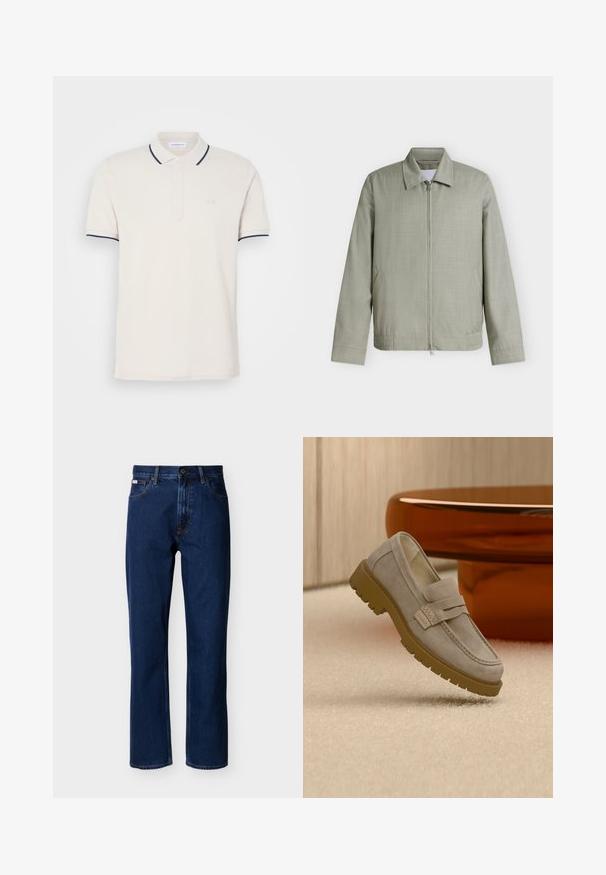 Hellgraue Zip-up-Jacke mit Kragen, langen Ärmeln und Seitentaschen, dargestellt auf schlichtem weißem Hintergrund.; Cremfarbendes Polo-Shirt mit einer Knopfleiste mit drei Knöpfen, kurzen Ärmeln und Akzenten in Marineblau an Kragen und Ärmeln. Weicher Baumwollmischstoff.; Dunkelblaue, gerade geschnittene Jeans aus Denim, mit klassischem Fünf-Taschen-Design, dezenter Nahtführung und vorderer Knopfverschluss.; Hellgrauer Wildleder-Slipper mit grober brauner Gummisohle auf beigem Teppich vor einem verschwommenen braunen runden Tisch platziert.