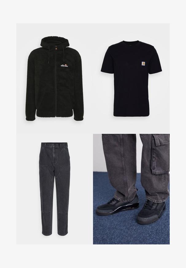 Sort fleece zip-up hoodie med hætte, snore og et lille logo på brystet. Tekstureret stof med sidelommer.; Sort bomulds T-shirt med korte ærmer, rund hals og en brystlomme, der har et lille, kvadratisk logo-patch. Enkel, ensfarvet design.; Sorte denim jeans med høj talje, lige ben og store forlommer. Har kontrasterende syninger og ingen synlige logoer.; Sorte sportsko med en struktureret overflade, glatte detaljer og en kraftig sål, der er parret med mørke, løstsiddende cargo-bukser.