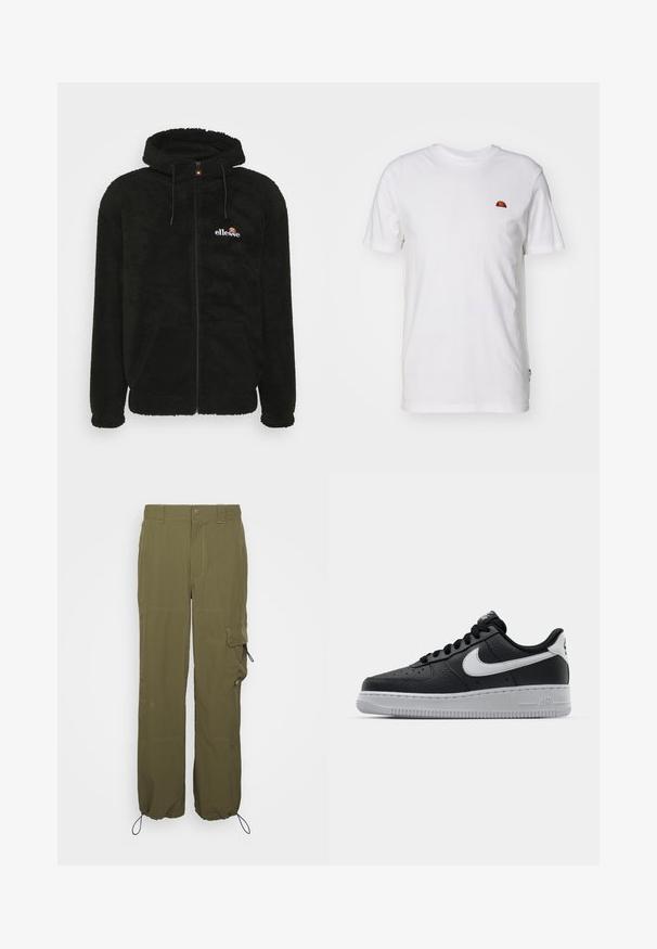 Must Black fleece zip-up hoodie, millel on kapuuts, nöörid ja väike logo rinnal. Tekstuuriga kangas koos küljetaskutega.; Valge puuvillane T-särk lühikeste varrukatega ja ümara kaelusega. Esipoolt kaunistab väike värviline logo vasakul rinnapiiril. Pehme tekstuur.; Oliivrohelised cargo-püksid, mis on valmistatud kergest kangast. Omadusteks on nööbiga sulgemine, küljetaskud ja reguleeritavad sääreotsad, millel on paelad.; Must musta sneaker tekstureeritud pinnaga, valge Nike logo, hall tald, ümar varv ja paeltega disain. Omab perforatsioone varbakasti peal.