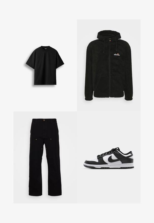Sort fleece zip-up hoodie med hætte, snore og et lille logo på brystet. Tekstureret stof med sidelommer.; Sort T-shirt med korte ærmer og rund hals, lagt fladt mod en hvid baggrund med en synlig lille nakkemærke.; Sorte denimbukser med lige ben, udstyret med guld hardware-detaljer og synlige syninger på for- og baglommer.; Sort og hvid Nike Dunk sneakers med læderoverdel, perforeret tå, sorte snørebånd og en sort gummisål med slidbanedesign.