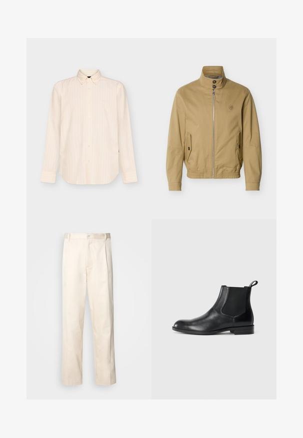 Veste beige à fermeture éclair avec col montant, deux poches avant à boutons, ourlet élastique et petit logo brodé sur la poitrine gauche.; Chemise beige à manches longues boutonnée avec des rayures verticales subtiles et un col classique, présentée sur un fond clair uni.; Pantalon en coton beige avec une coupe droite, présentant une fermeture à bouton et des plis sur le devant pour plus de détails.; Bottine en cuir noir avec des panneaux latéraux élastiques, bout rond et tirette. Texture lisse, semelle plate, design minimaliste.