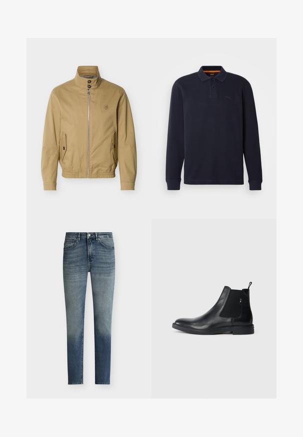 Beige Jacke zum Reißverschluss mit Stehkragen, zwei vorderen Taschen mit Knöpfen, elastischem Saum und kleinem gesticktem Logo auf der linken Brust.; Marineblaue langärmelige Poloshirt aus strukturiertem Stoff mit einer Knopfleiste am Hals. Verfügt über ein kleines gesticktes Logo auf der Brust.; Herren Slim-Fit blaue Jeans mit dezenten Verwaschungseffekten, Knopfverschluss und Fünf-Taschen-Design.; Schwarze Leder Chelsea-Boots mit elastischen seitlichen Einsätzen, einer Zugschlaufe und einer flachen Gummisohle. Glatte Textur mit minimaler Ausgestaltung.