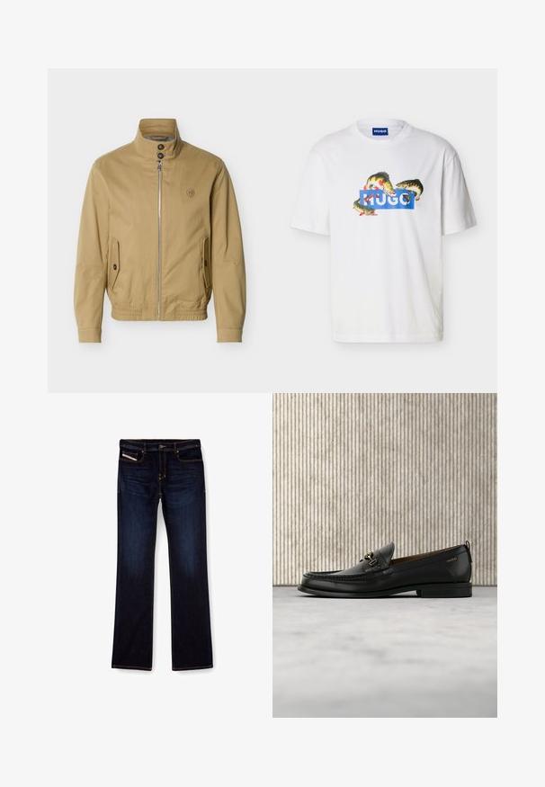 Béžová bunda na zips so stojacím golierom, dvoma prednými vreckami na gombíky, elastickým lemom a malým vyšívaným logom na ľavej strane hrudníka.; Biele tričko s krátkym rukávom s modrým logom "HUGO" a tromi farebnými rybkami okolo loga na prednej strane.; Tmavomodré denimové džínsy so strihom rovné nohavice, s oranžovým prešívaním, s pružným zipsovým uzáverom a prednými vreckami. Hladká textúra a štandardný pás.; Čierny kožený mokasín s pozláteným kovovým detailom a značkou "HUGO", vystavený na béžovom koberci a v pozadí hnedý priehľadný nábytok.
